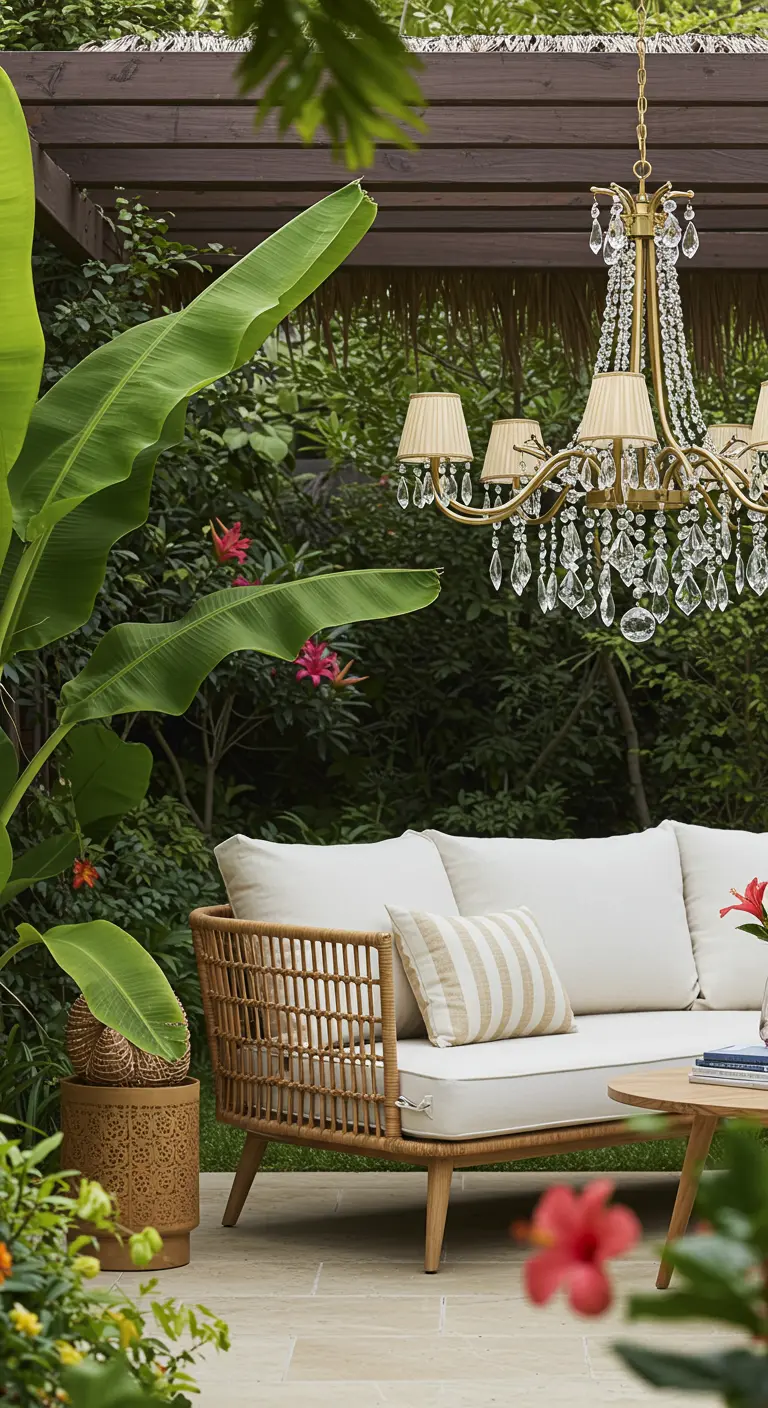 Jardín tropical con sofá de ratán, plantas exuberantes y lámpara de araña clásica dorada
