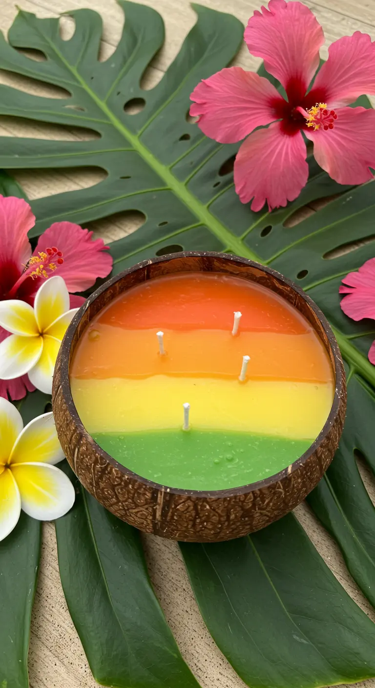 Vela de tres mechas en una cáscara de coco con capas de color verde, amarillo y naranja.