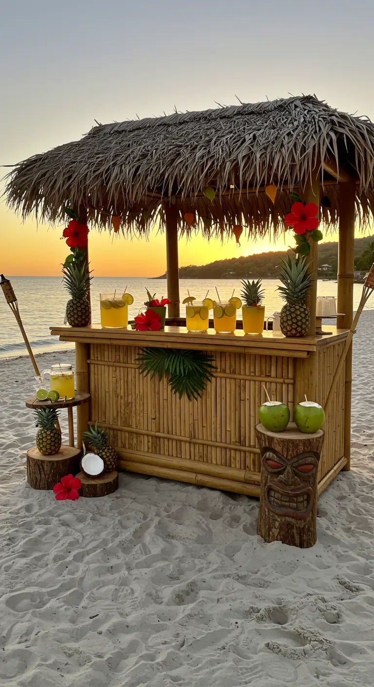 Bar tiki de bambú en la playa al atardecer con cócteles tropicales y piñas.