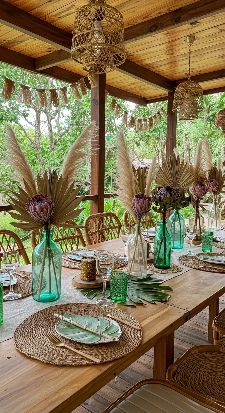 Mesa de comedor en un porche de madera con grandes centros de mesa de hojas de palma y flores exóticas.