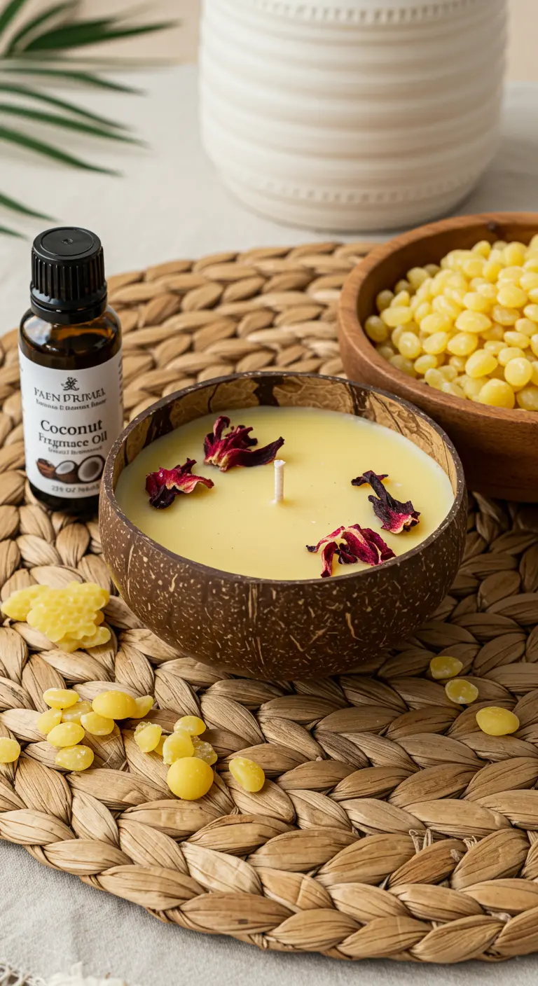 Vela de cera de abeja en una cáscara de coco, decorada con pétalos de flores rojas secas.
