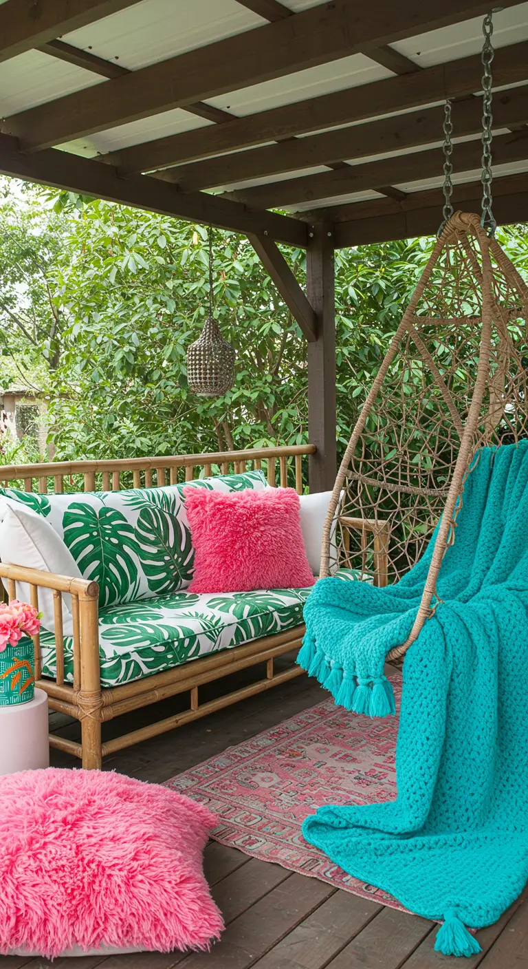 Porche tropical con sofá de bambú, cojines de hojas de palma y textiles fucsia y turquesa.