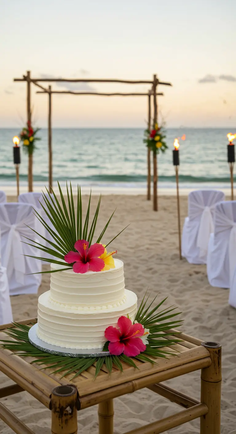 Pastel de bodas de dos pisos en una playa, decorado con hibiscos y hojas de palmera.