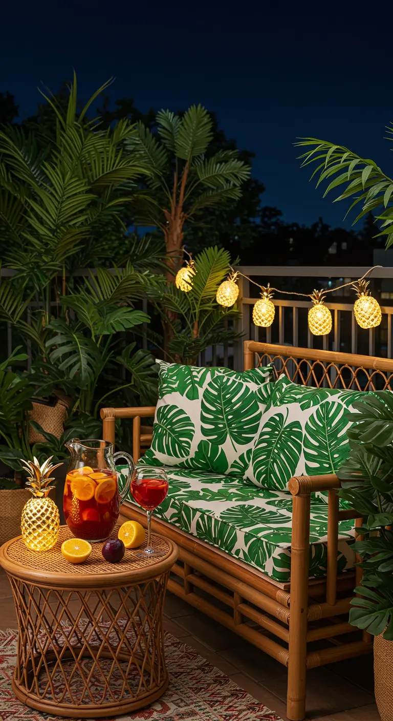 Balcón tropical con sofá de bambú, cojines con estampado de hojas, plantas y luces en forma de piña.