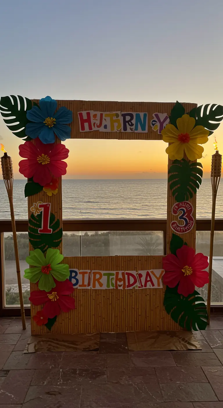 Marco de photocall de estilo hawaiano con flores tropicales y antorchas frente al mar.
