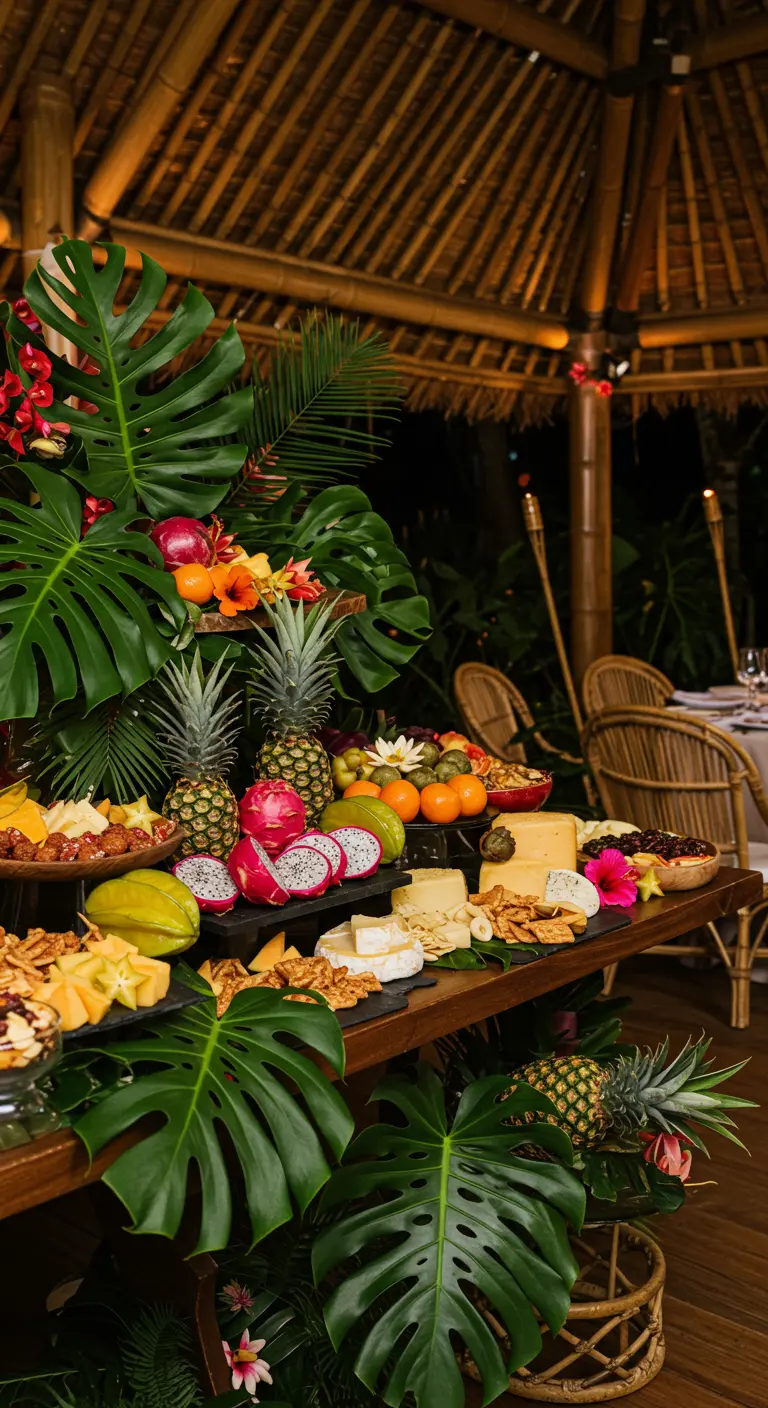 Mesa de quesos tropical con hojas de monstera, piñas y frutas exóticas.
