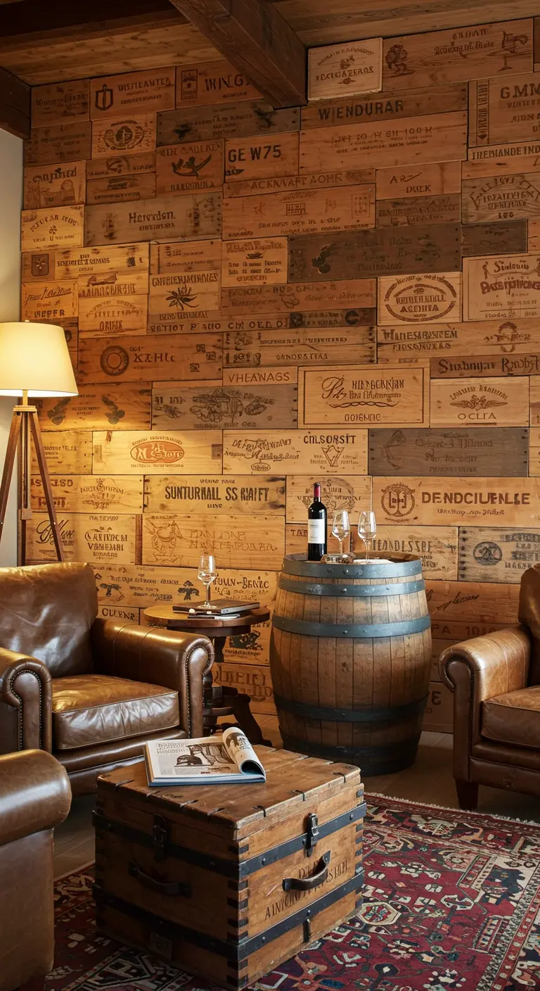 Pared completamente cubierta con paneles de cajas de vino antiguas en una sala de estar rústica.