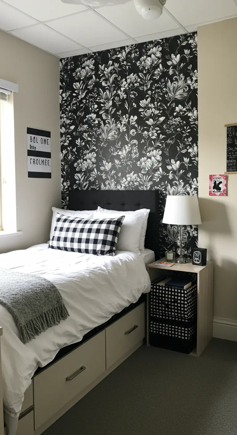 Pared de acento detrás de una cama con papel tapiz removible de flores en blanco y negro.