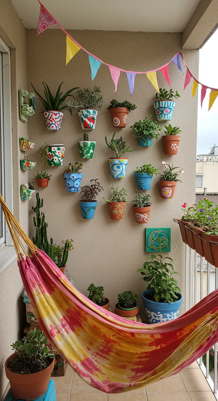 Pared de balcón decorada con muchas macetas de colores pintadas a mano y una hamaca tie-dye