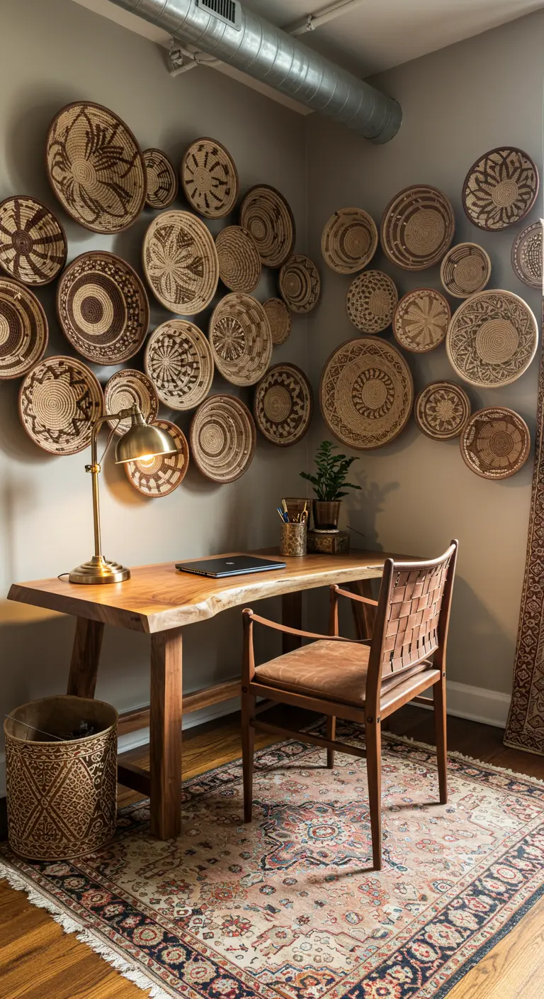 Escritorio de madera con una pared decorada con una colección de cestas tejidas africanas.
