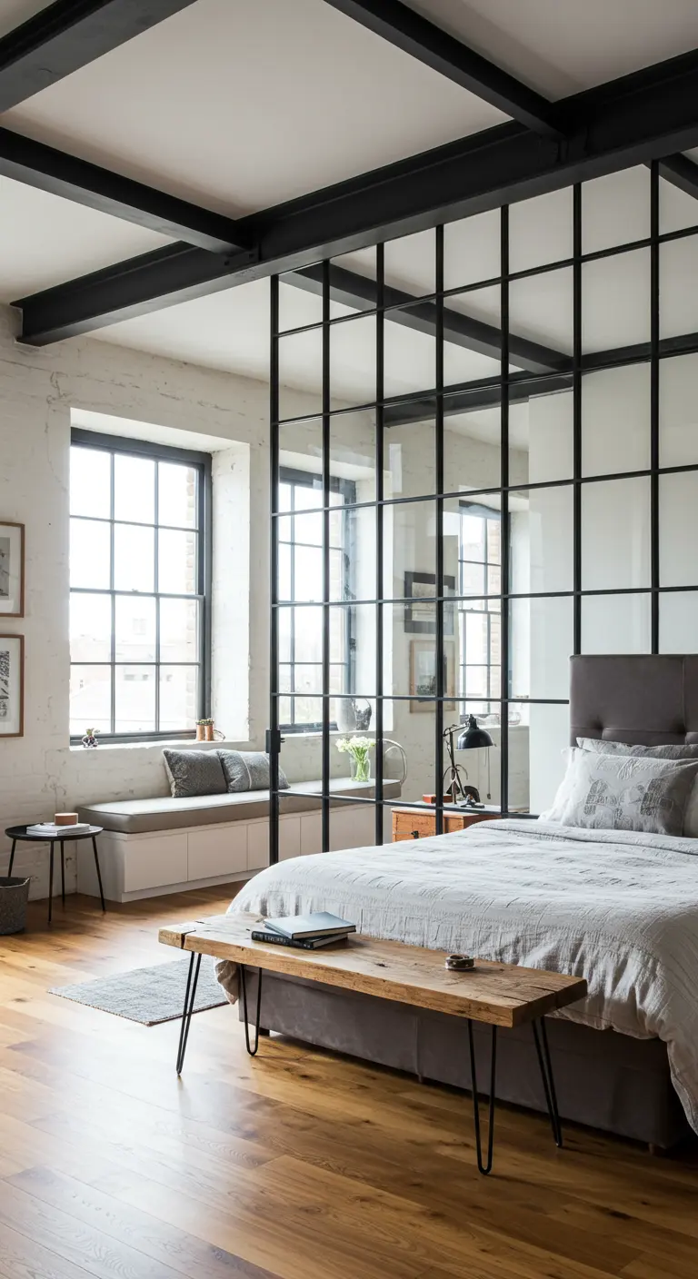 Dormitorio estilo loft con una pared divisoria de cristal y metal negro.