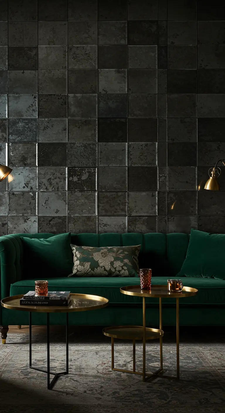Pared cubierta de baldosas de espejo envejecido detrás de un sofá de terciopelo verde