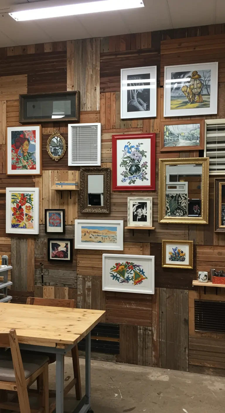 Pared de comedor cubierta con paneles de madera reciclada y persianas, usada como fondo para una galería de cuadros