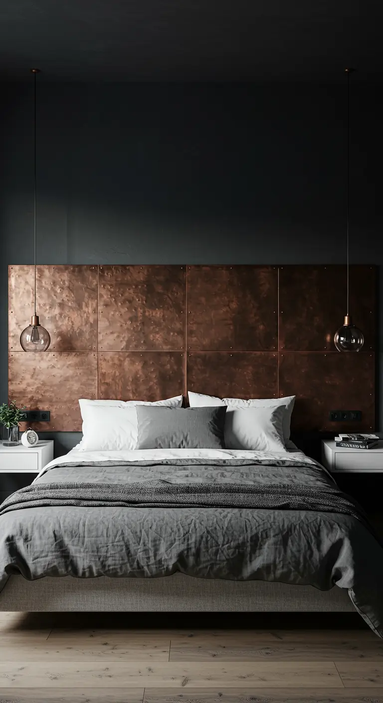 Cabecero hecho con paneles de cobre en un dormitorio moderno con paredes oscuras.
