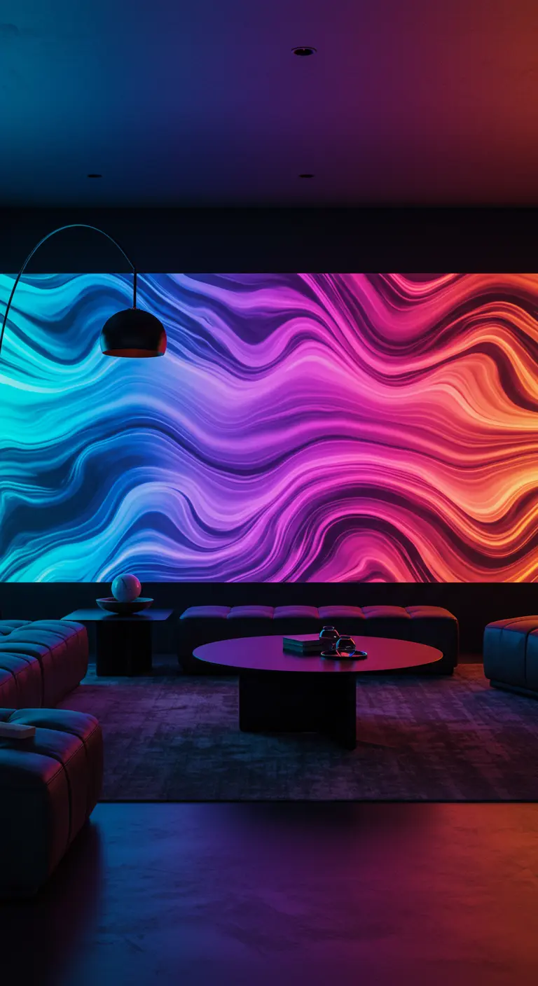 Sala oscura con una gran pantalla LED en la pared que muestra arte digital abstracto y colorido.