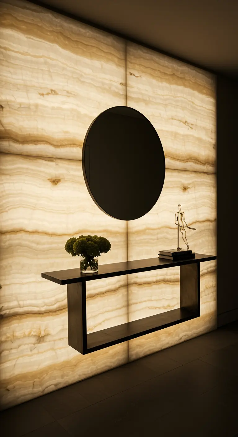 Recibidor de lujo con una pared entera de ónix retroiluminada, consola y espejo negros