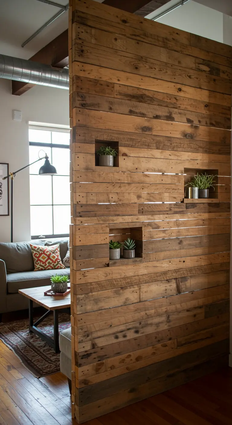 Pared divisoria hecha con listones de madera reciclada de diferentes tonos, con pequeños nichos integrados.