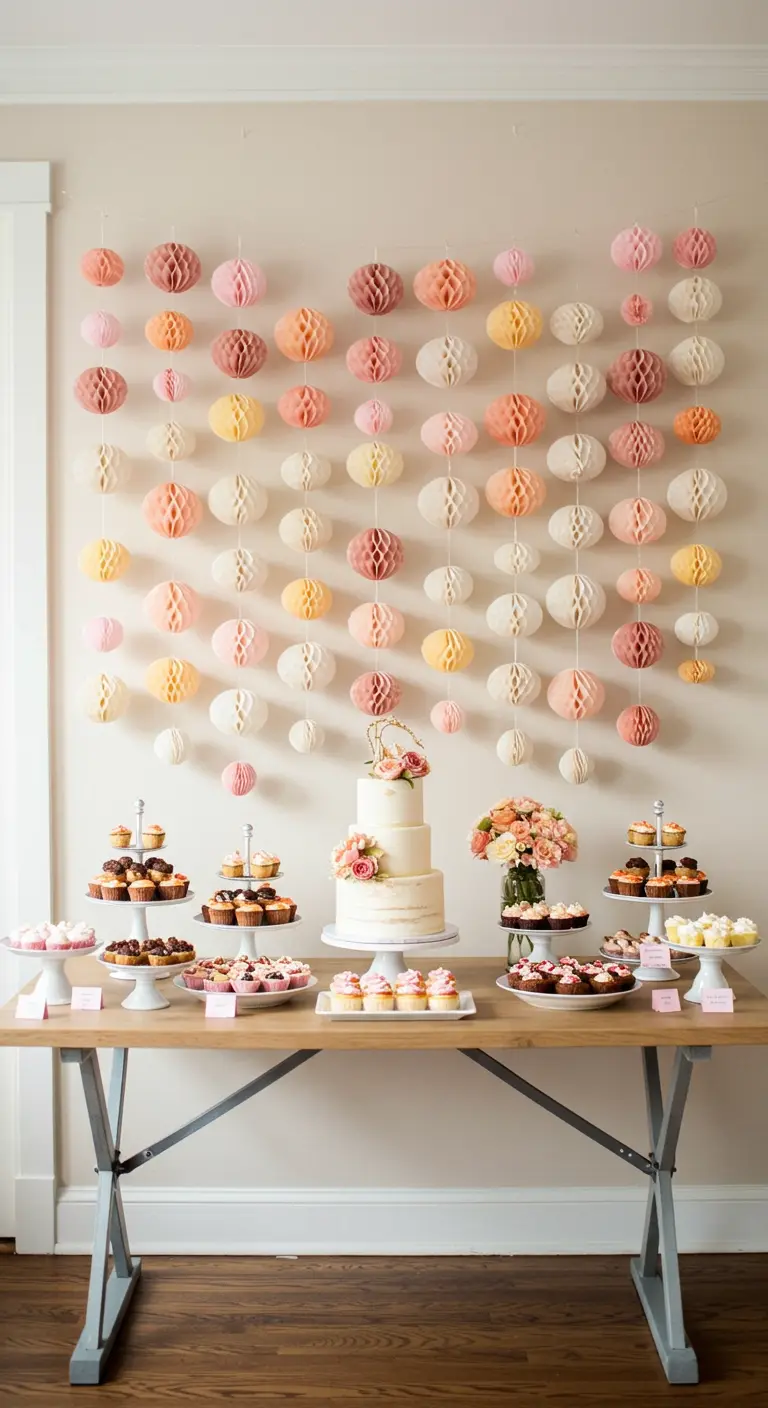 Pared detrás de una mesa de postres decorada con bolas de nido de abeja de papel en tonos pastel.