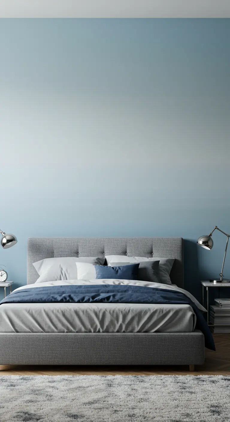 Dormitorio con una pared pintada en degradado de azul, y una cama tapizada en gris.