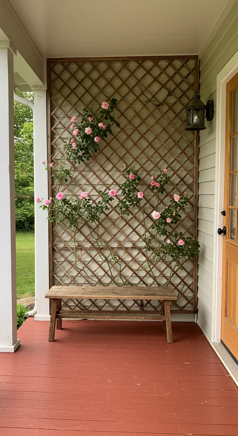 Celosía de madera cubierta de rosales trepadores de color rosa, con un banco de madera delante.