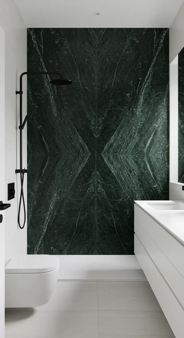 Ducha minimalista con una pared de impacto revestida en mármol verde oscuro veteado.