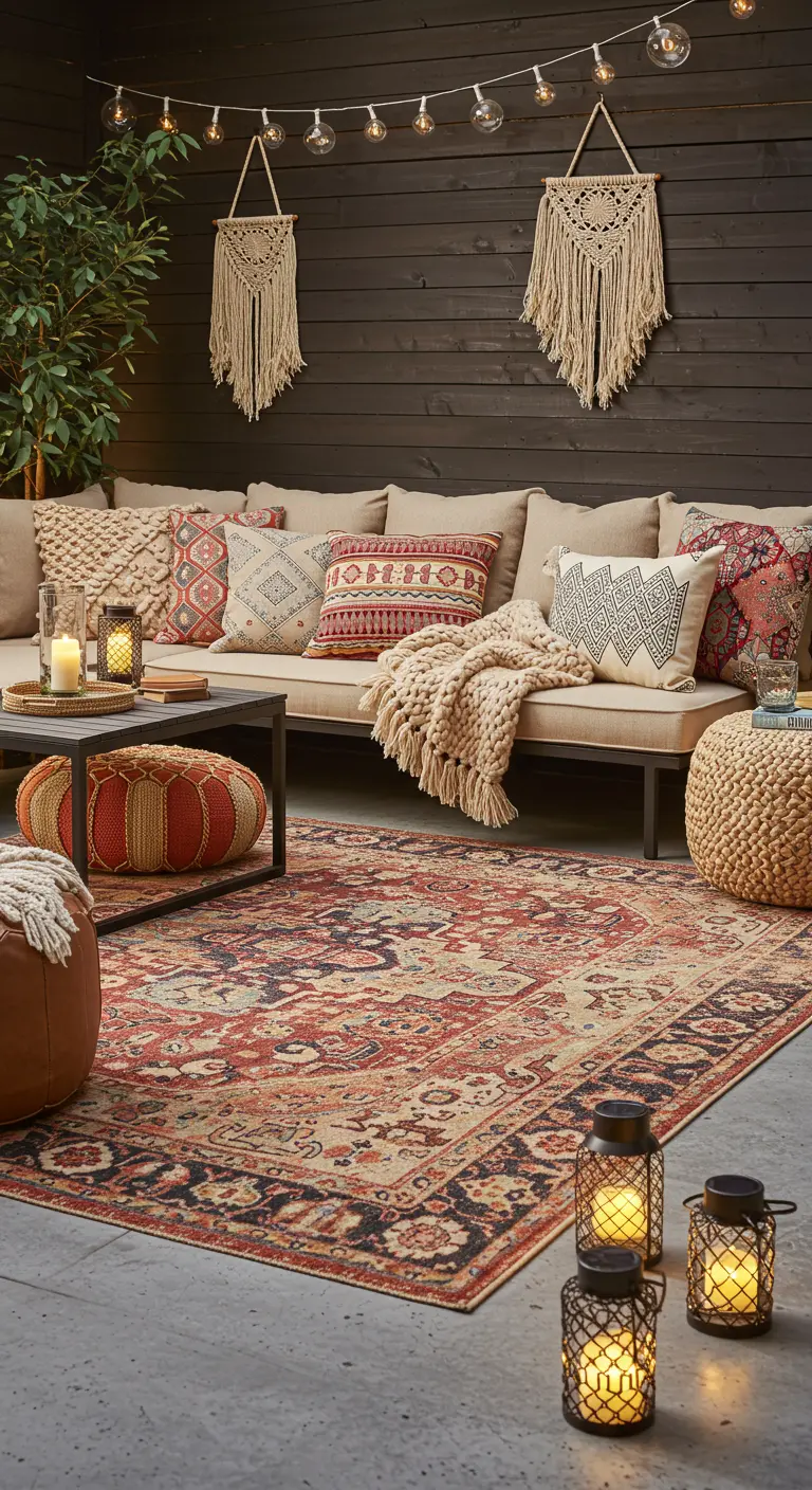 Patio con pared de madera oscura, sofá beige, pufs de yute y dos tapices de macramé colgando.