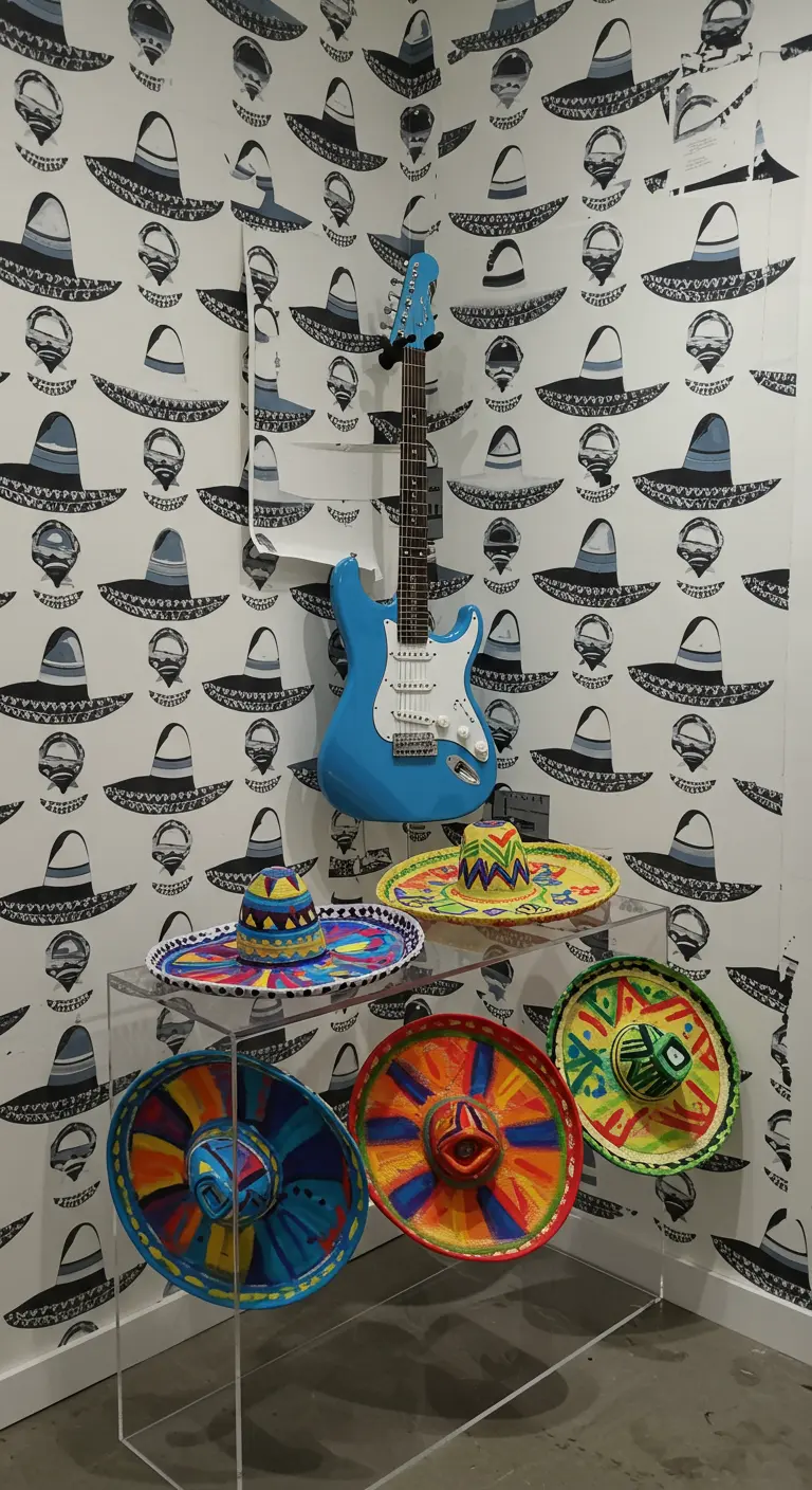 Pared con papel tapiz de sombreros, una guitarra eléctrica azul y sombreros de colores.