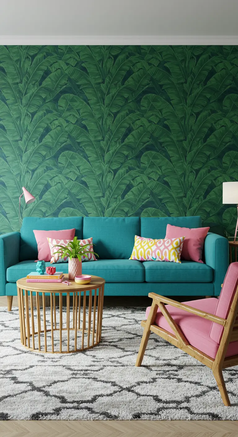 Sala de estar con papel tapiz de hojas de palmera y muebles coloridos.