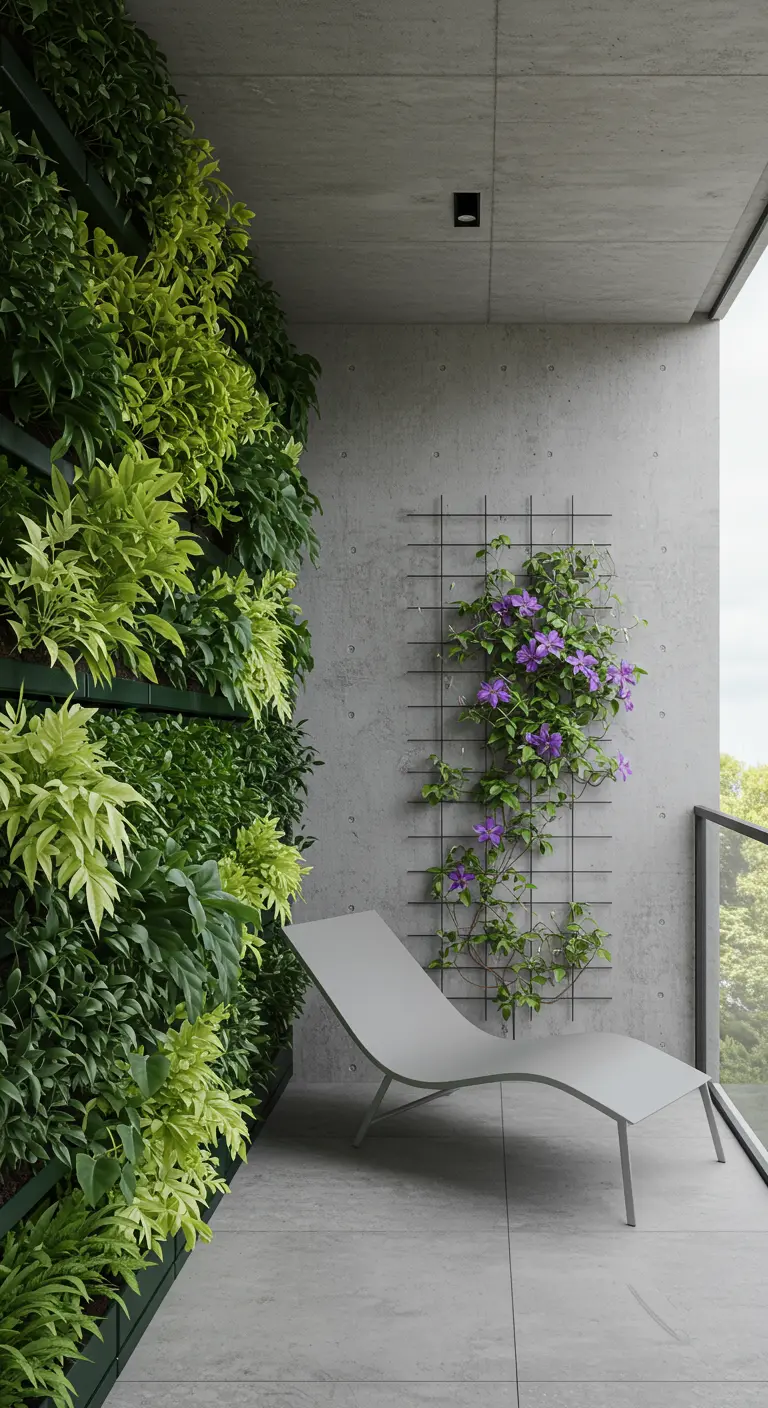 Balcón moderno con jardín vertical en una pared y una clemátide morada en una celosía.