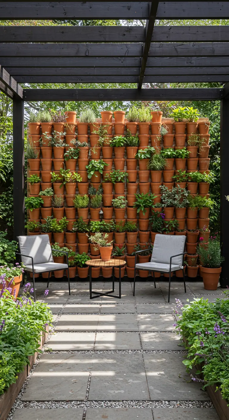 Pérgola moderna que enmarca una impresionante pared cubierta de macetas de terracota con plantas.