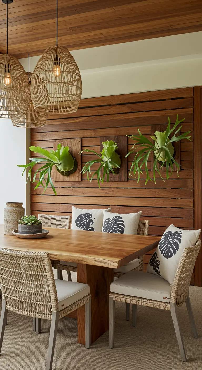 Comedor con pared de listones de madera y helechos cuerno de alce montados.
