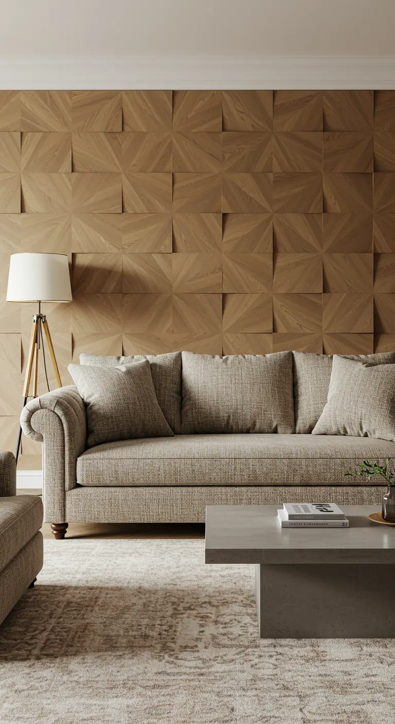 Sala de estar con pared de paneles de madera geométricos en 3D y sofá de tela texturizada.