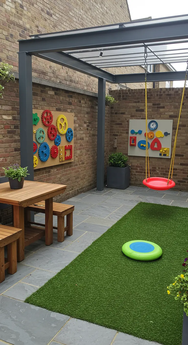 Patio urbano con paredes de juegos sensoriales, columpios y una zona de comedor de madera