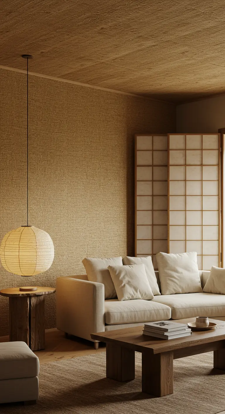 Sala de estar de estilo Japandi con paredes y techo revestidos en papel de fibra natural.