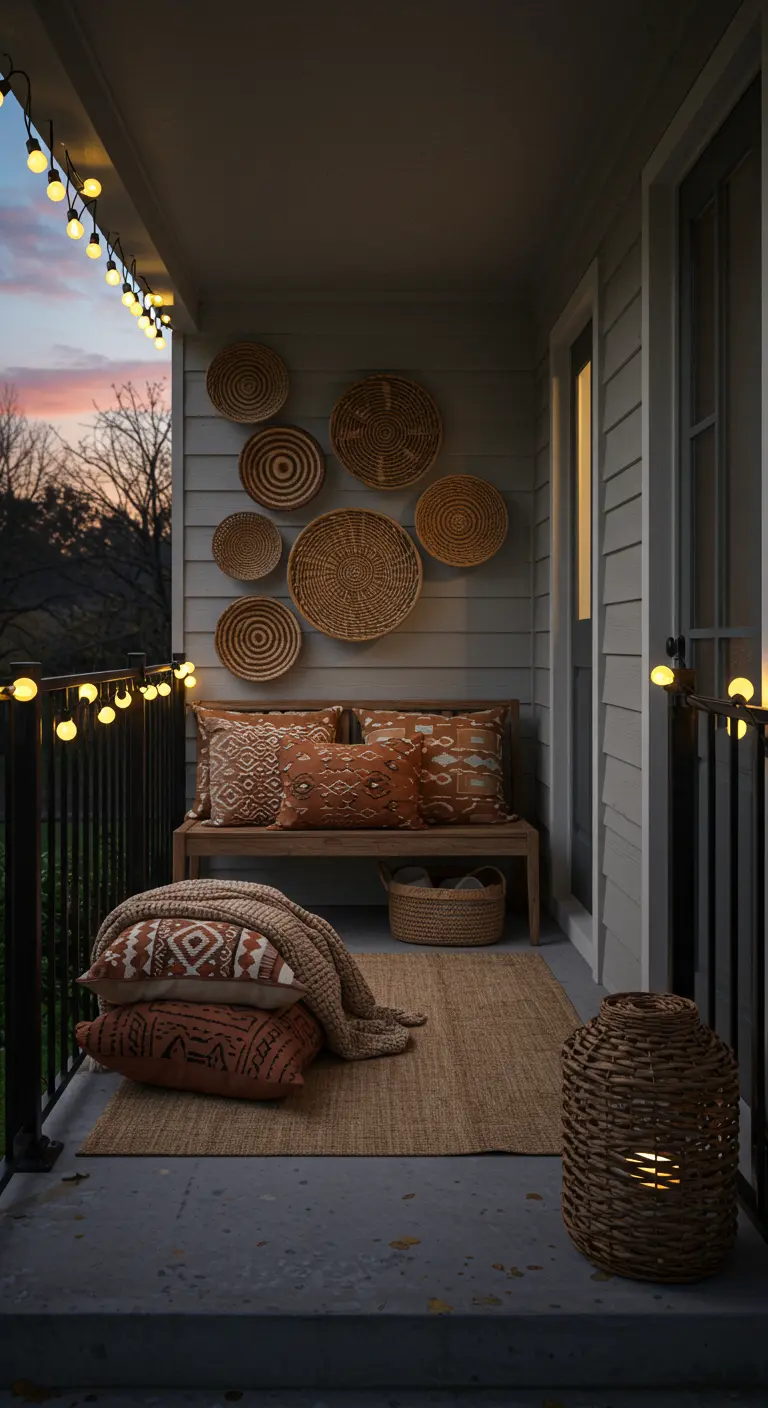 Porche de noche con un banco de madera, cojines étnicos y una pared decorada con cestas de mimbre.