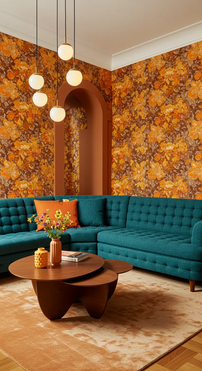 Sala de los 70 con papel tapiz floral y sofá seccional turquesa.