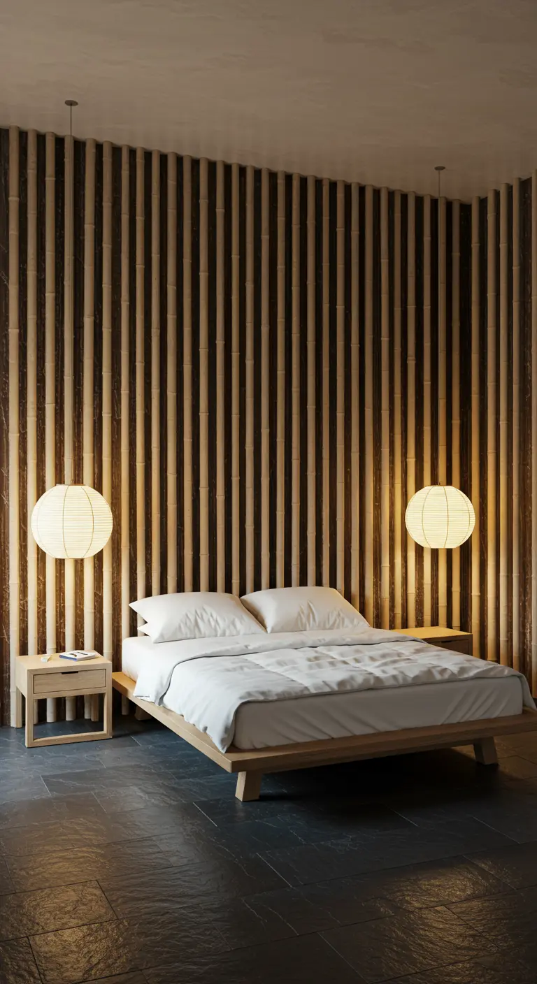Dormitorio con pared de listones de bambú, cama baja y lámparas de papel colgantes.