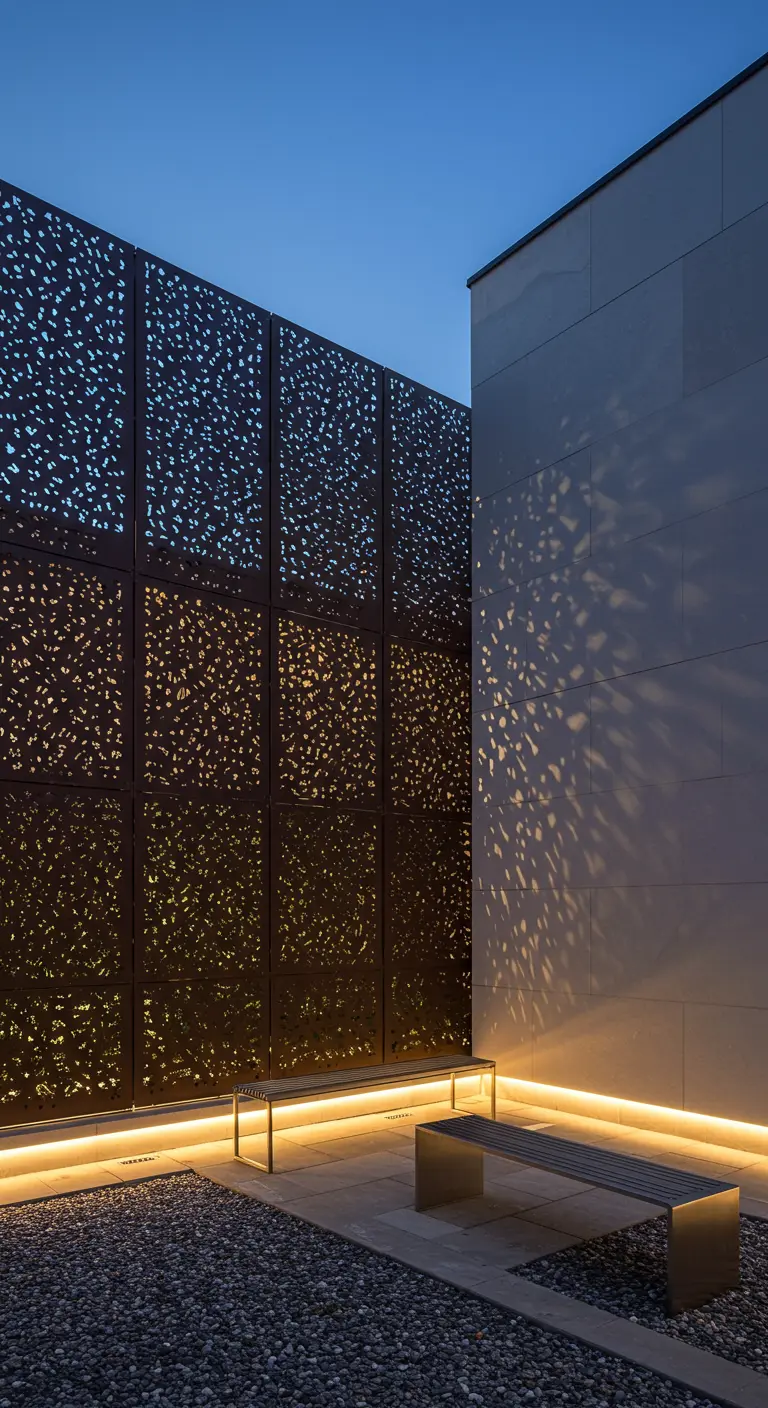 Paneles de acero perforado proyectan sombras en una pared gracias a la iluminación LED inferior.