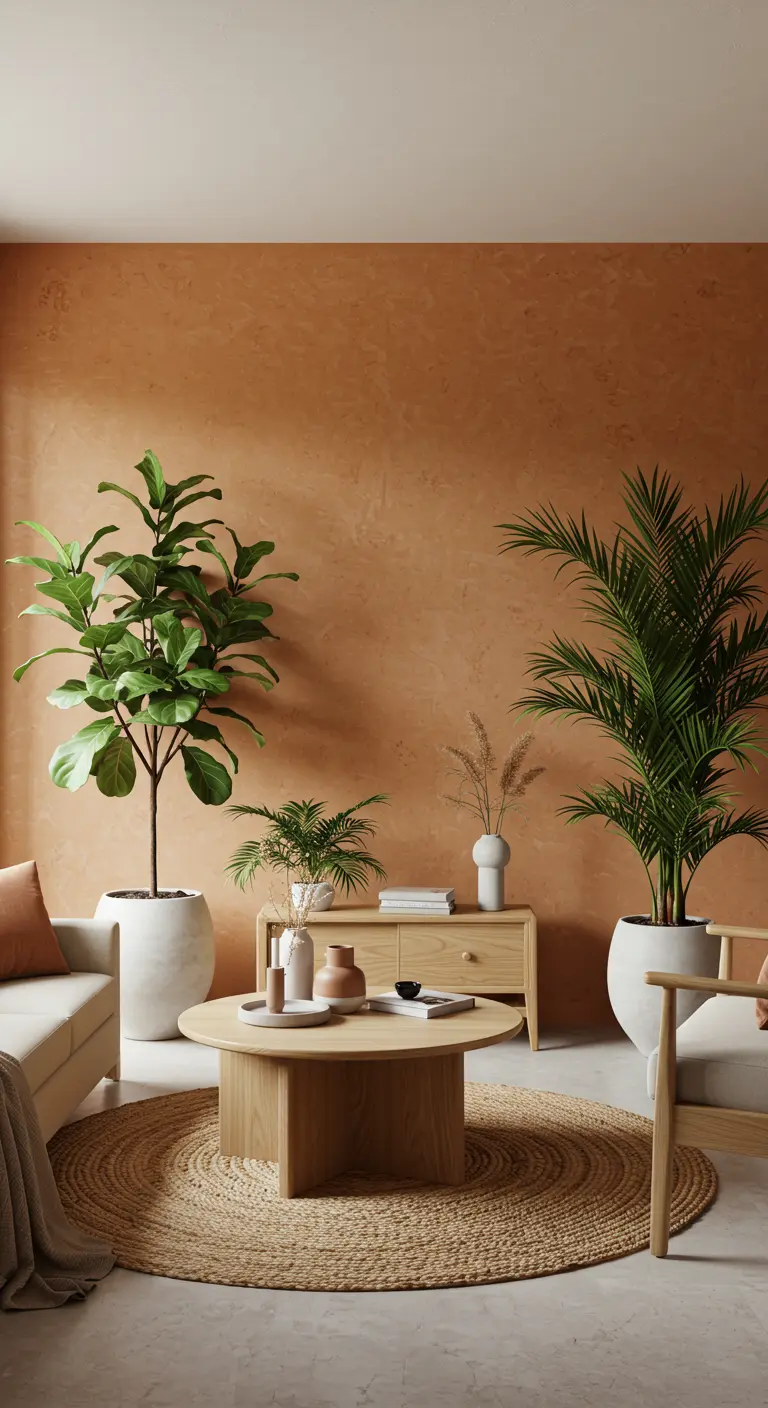 Salón con paredes texturizadas en color terracota y grandes plantas verdes en macetas blancas