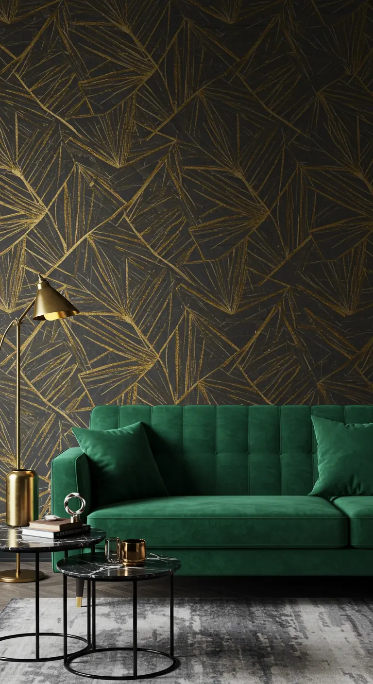Pared de acento con papel tapiz negro y dorado detrás de un sofá de terciopelo verde.