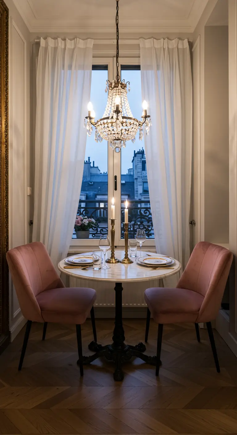 Comedor romántico para dos con lámpara de araña y sillas de terciopelo rosa junto a una ventana.