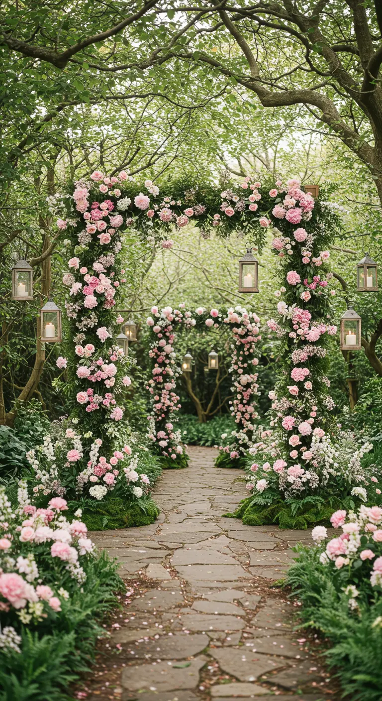 Un exuberante pasillo de arcos cubiertos de flores rosas y blancas que lleva a un jardín.