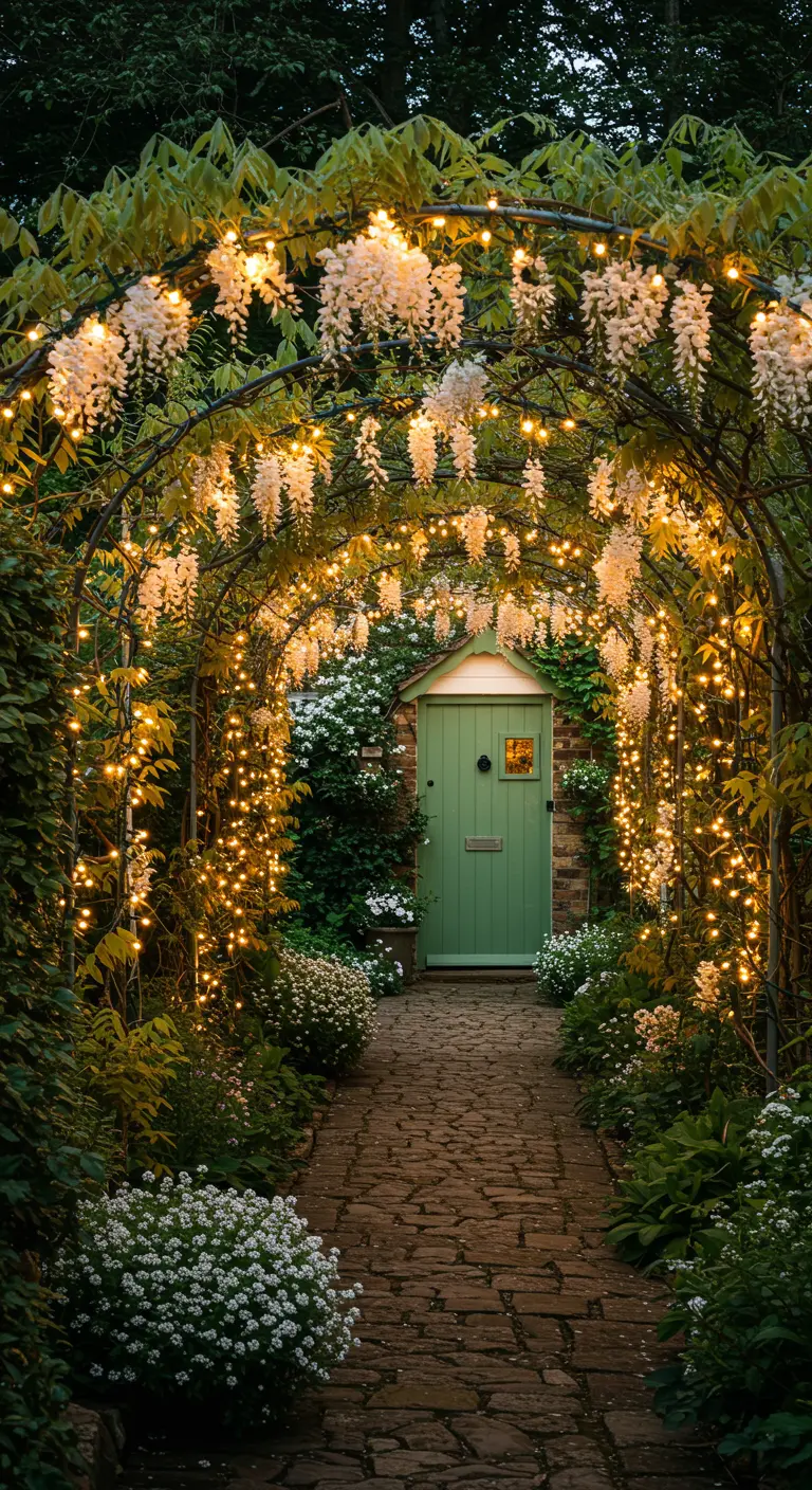 Arco de jardín cubierto de glicinas blancas y envuelto densamente en luces de hadas, creando un túnel luminoso.
