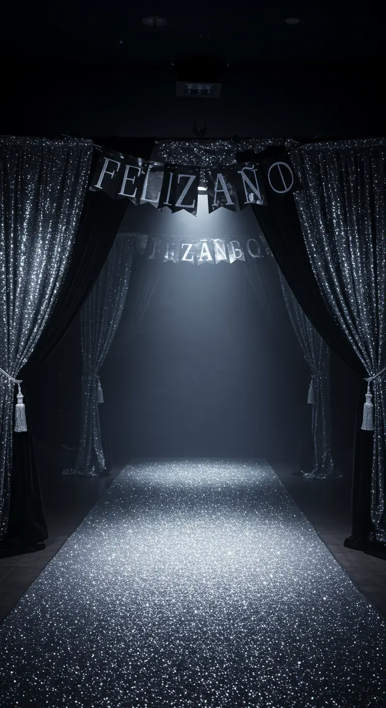 Entrada de fiesta con cortinas de lentejuelas plateadas y una alfombra de purpurina.