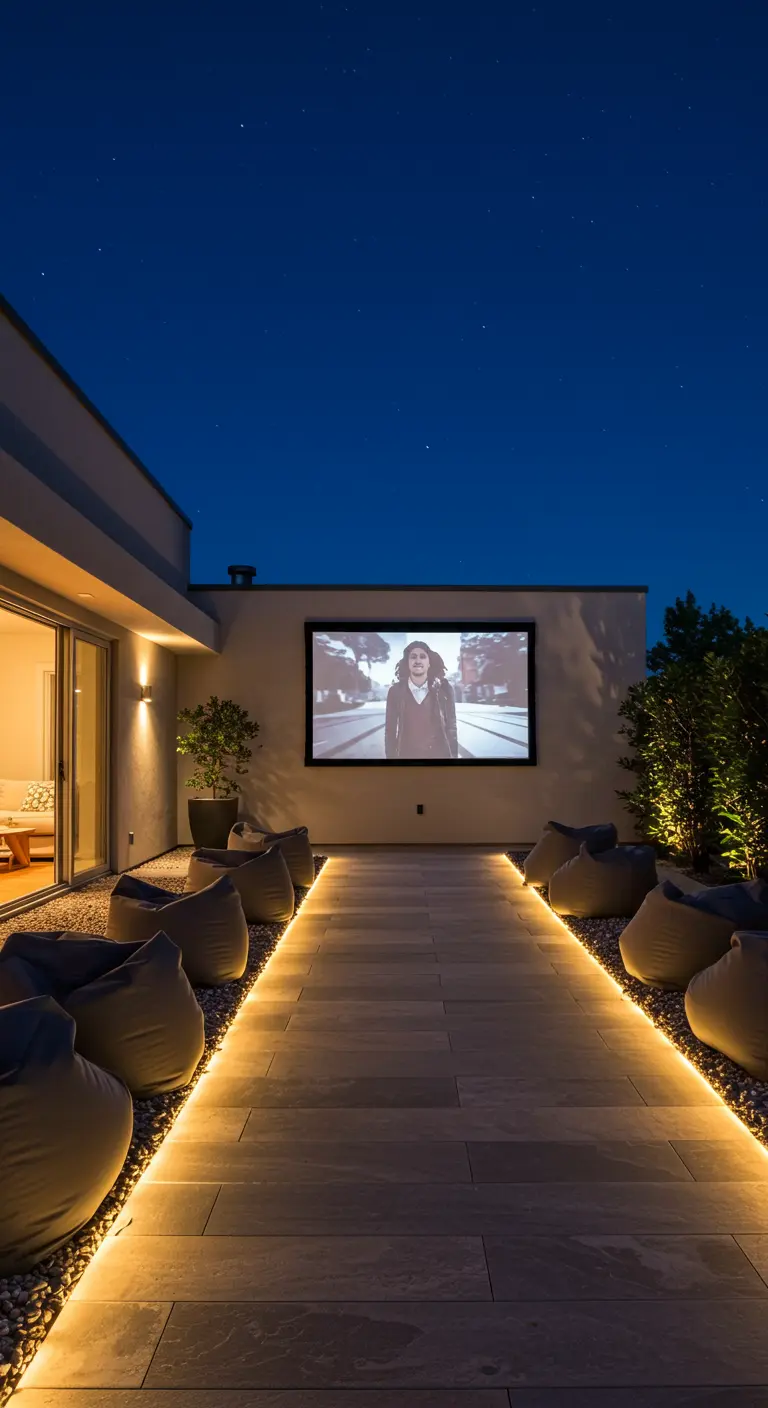Un camino de madera iluminado por tiras LED en los bordes que conduce a una pantalla de cine al aire libre.