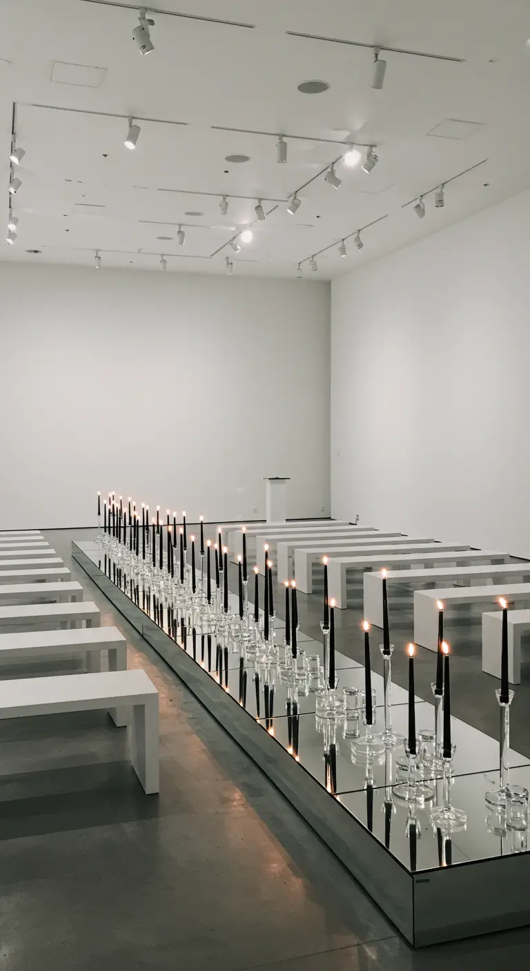 Pasillo de boda moderno con una plataforma de espejos y candelabros de cristal con velas negras.