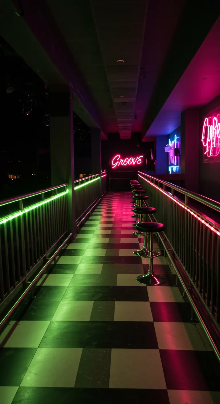 Pasillo de un balcón largo con suelo a cuadros y barandillas iluminadas con luces LED verdes y fucsias