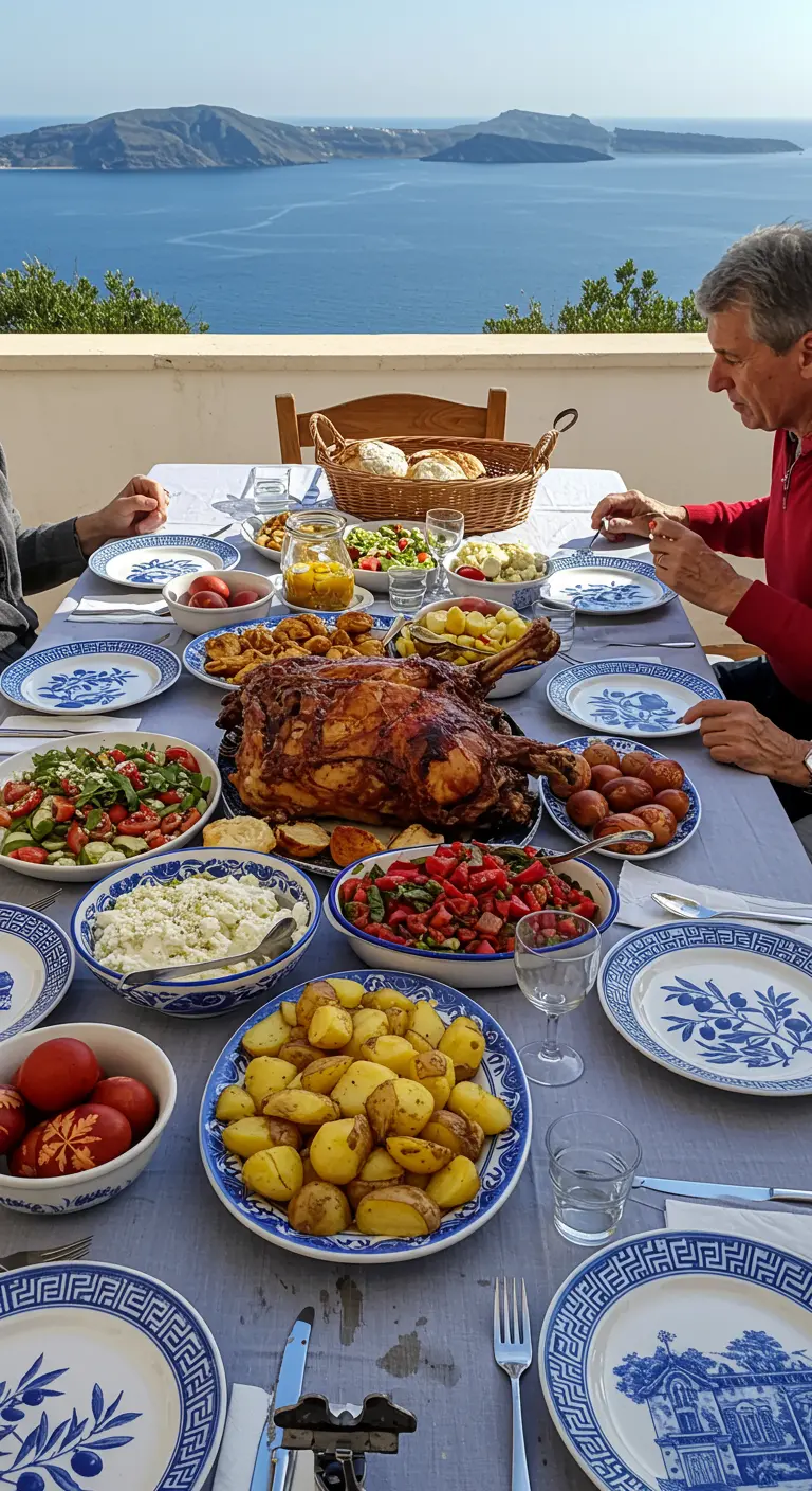 Mesa de Pascua griega con cordero asado, ensaladas y vajilla azul y blanca frente al mar.