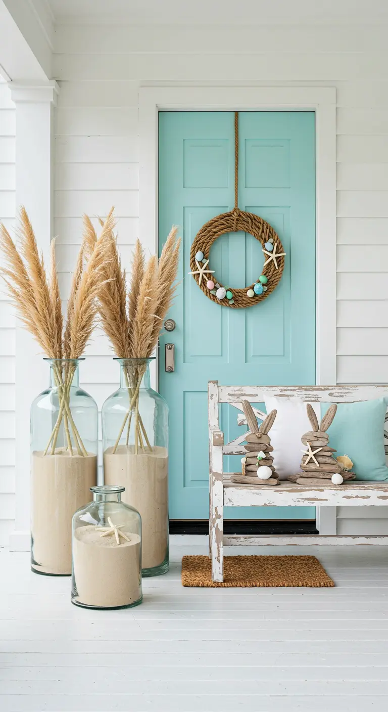 Decoración de Pascua de estilo costero con puerta turquesa y conejos de madera flotante