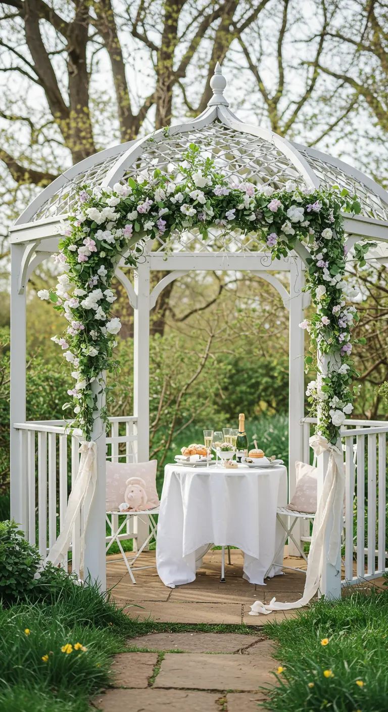 Cenador blanco en un jardín decorado con flores para una cena romántica de Pascua.